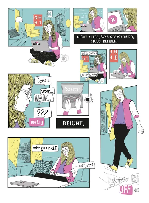 Comic illustration showing woman working in office with digital messages by Tobias Göbel