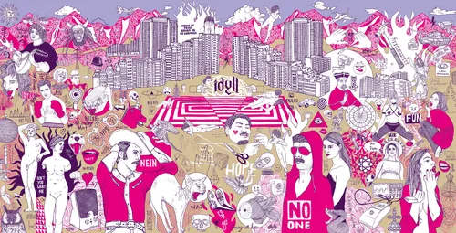Vibrant urban collage with figures and symbols by Tobias Göbel