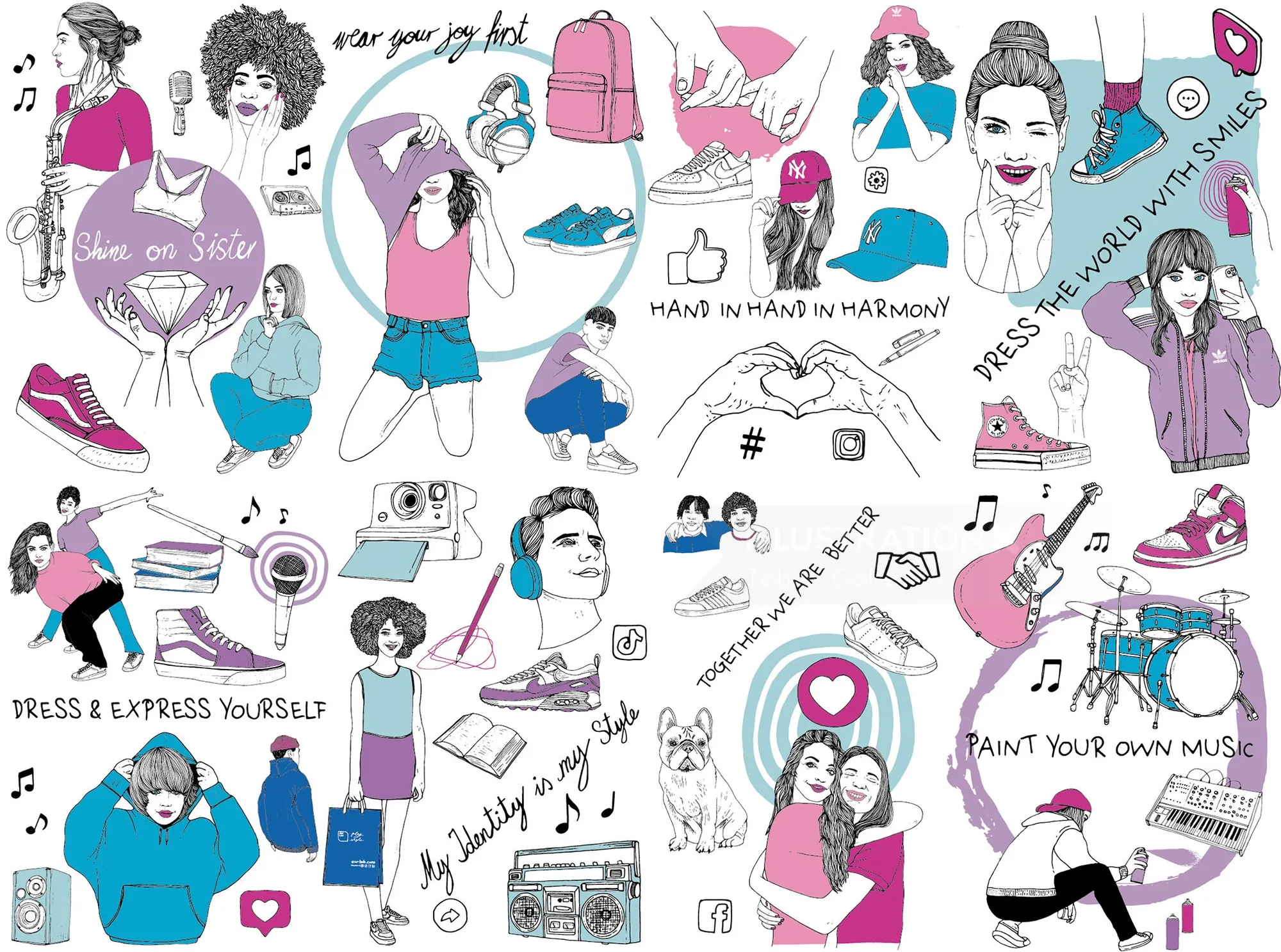 Colorful illustration of diverse people expressing themselves in various creative activities by Tobi