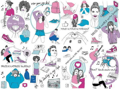 Colorful illustration of diverse people expressing themselves in various creative activities by Tobi