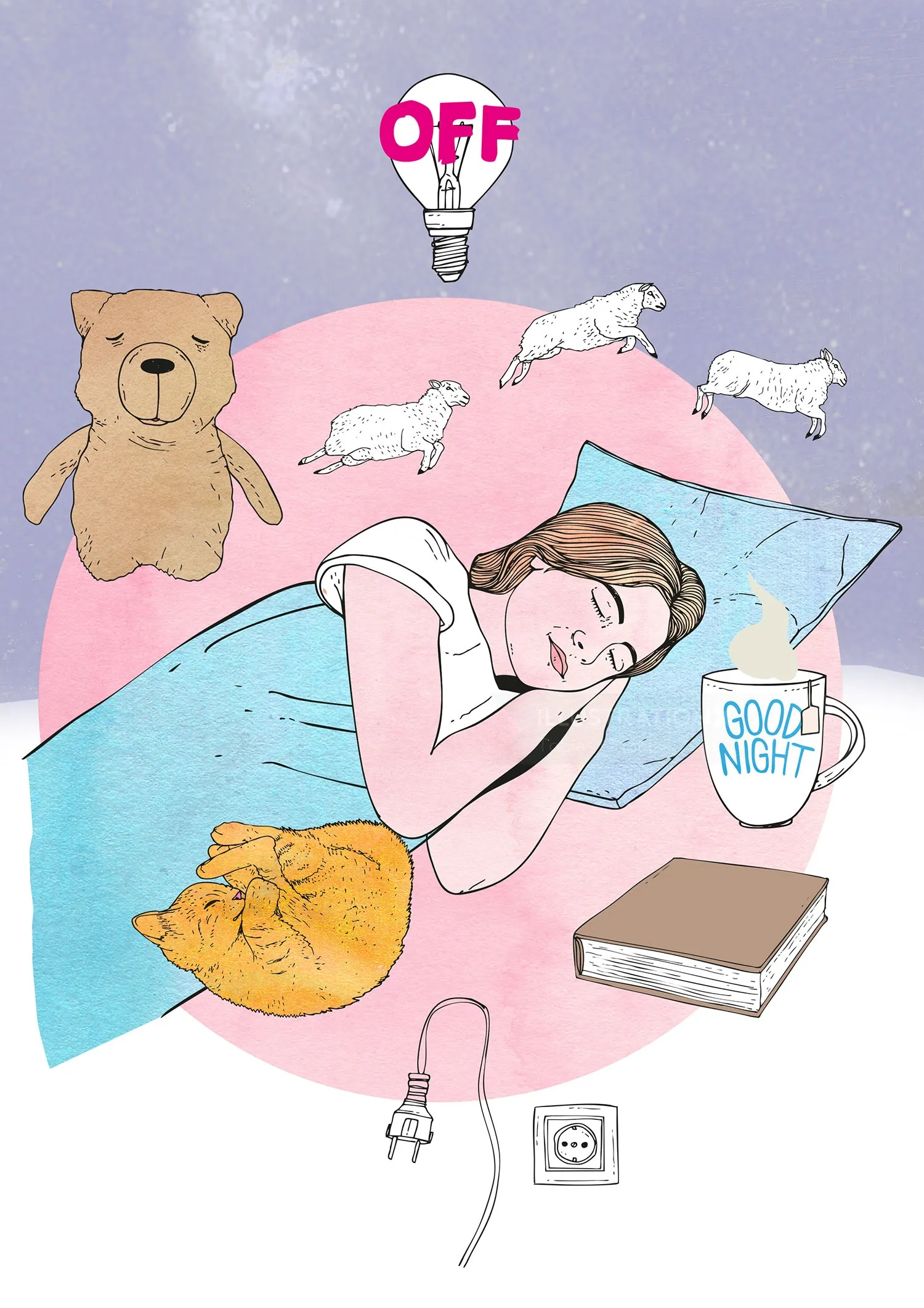 Sleeping person with cat, teddy bear, sheep, and light bulb labeled OFF by Tobias Göbel