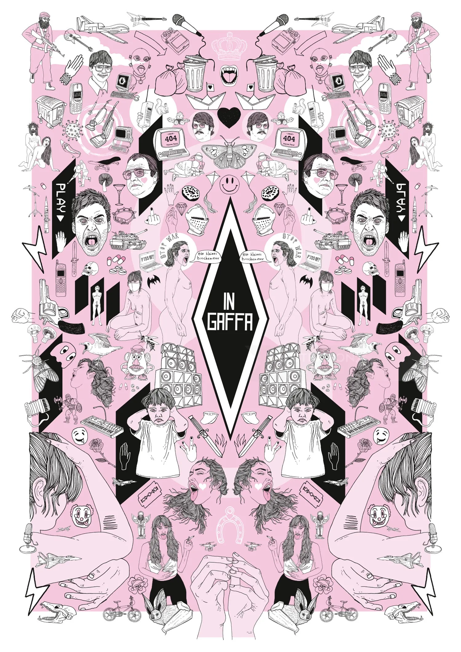 Pink and black symmetrical illustration with various figures and text 'IN GAFER' by Tobias Göbel