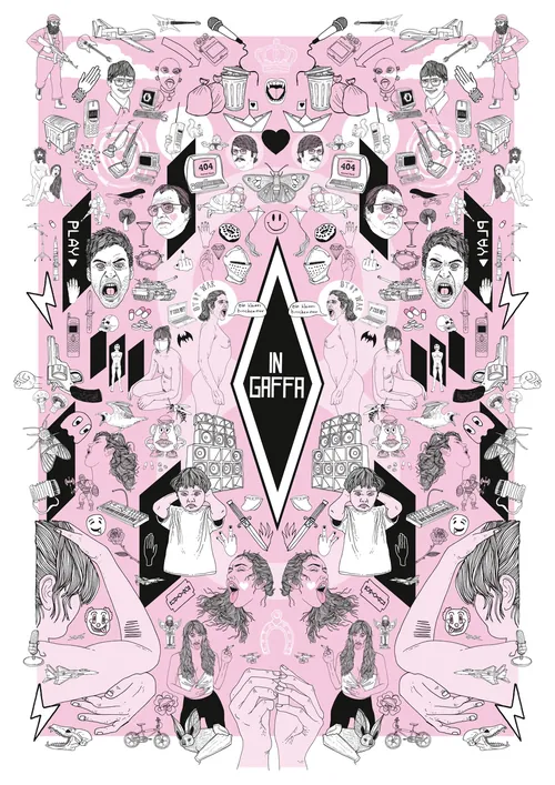 Pink and black symmetrical illustration with various figures and text 'IN GAFER' by Tobias Göbel