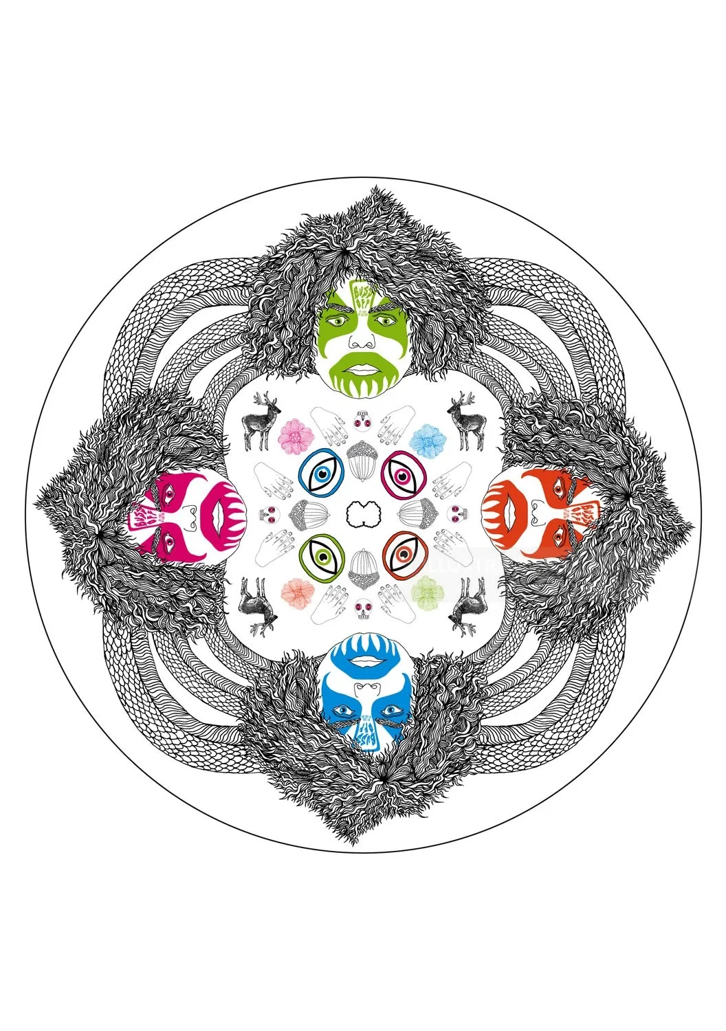 Graphic illustration of colored faces
