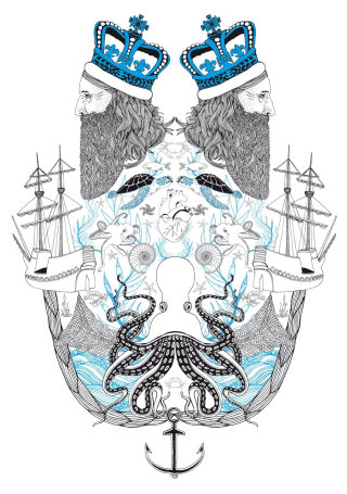 Line art mixed king and sea
