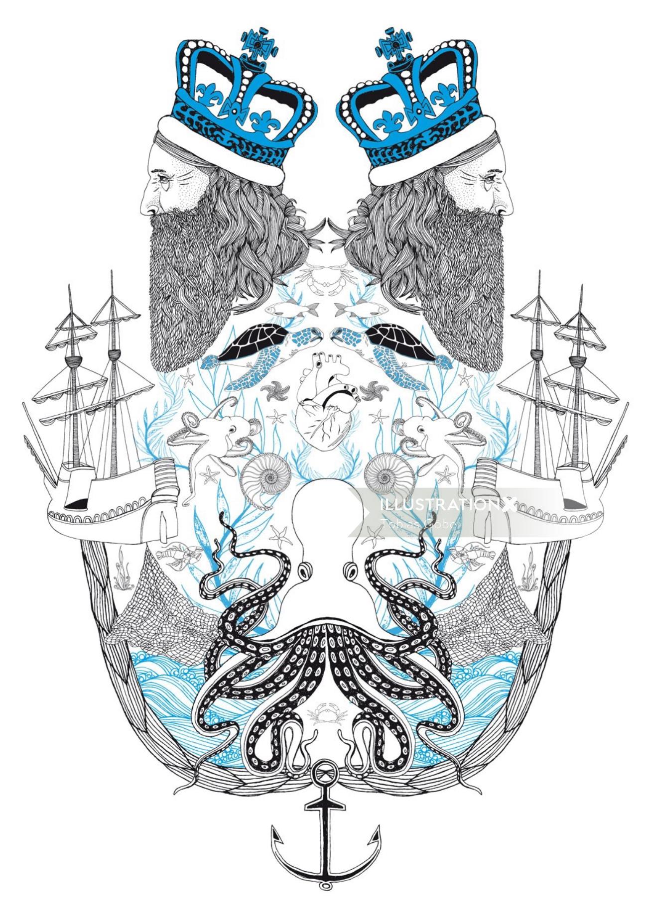 Line art mixed king and sea
