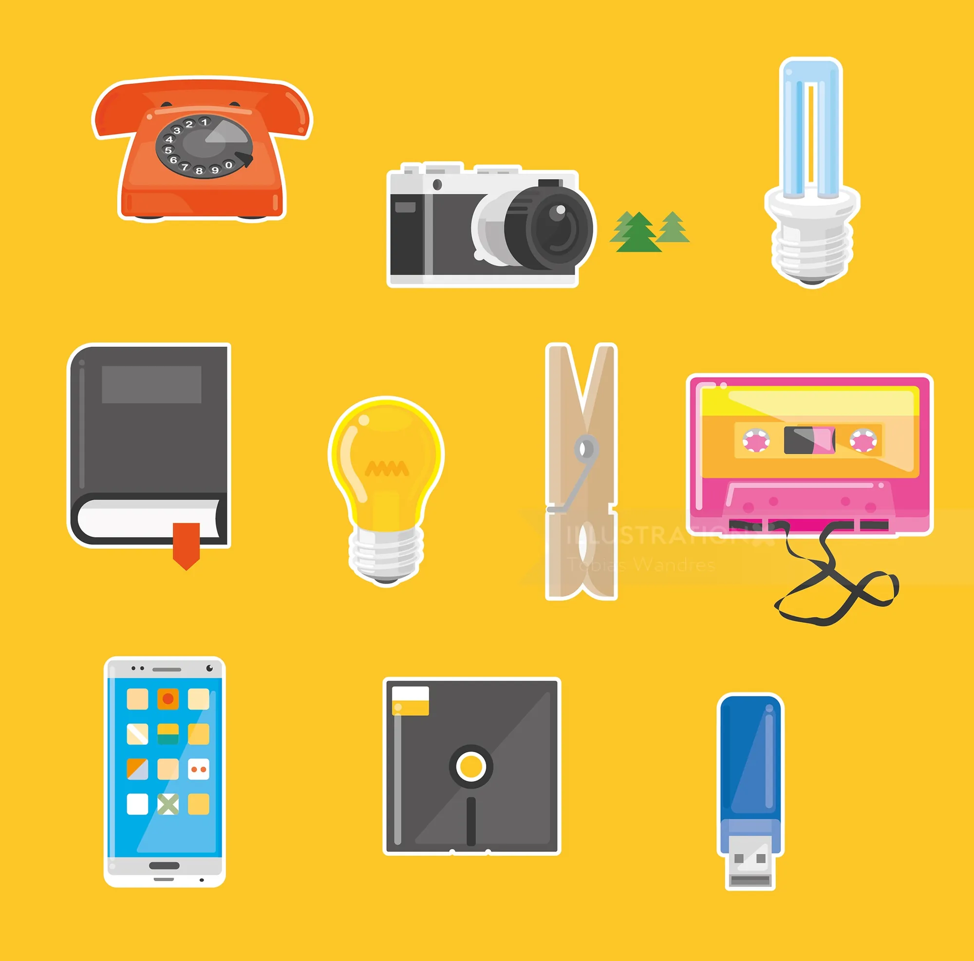 Illustration showing retro and modern objects including phone, camera, cassette, USB - Tobias Wandre