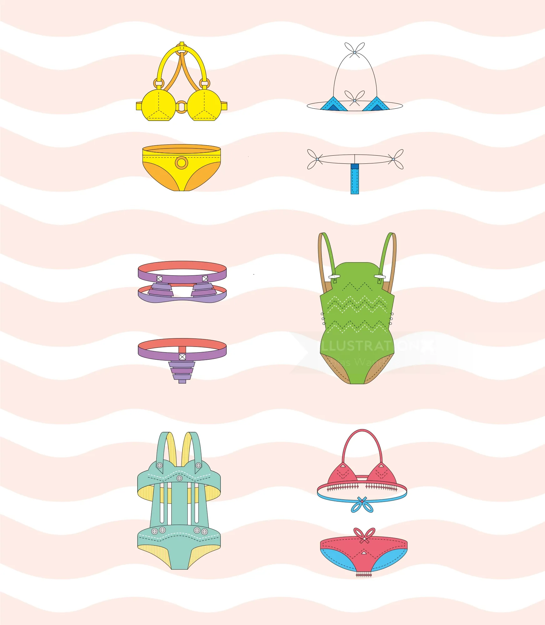 Colorful bikinis and swimsuits illustration by Tobias Wandres