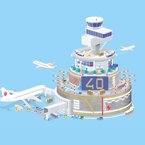 Isometric airport control tower with planes and equipment by Tobias Wandres