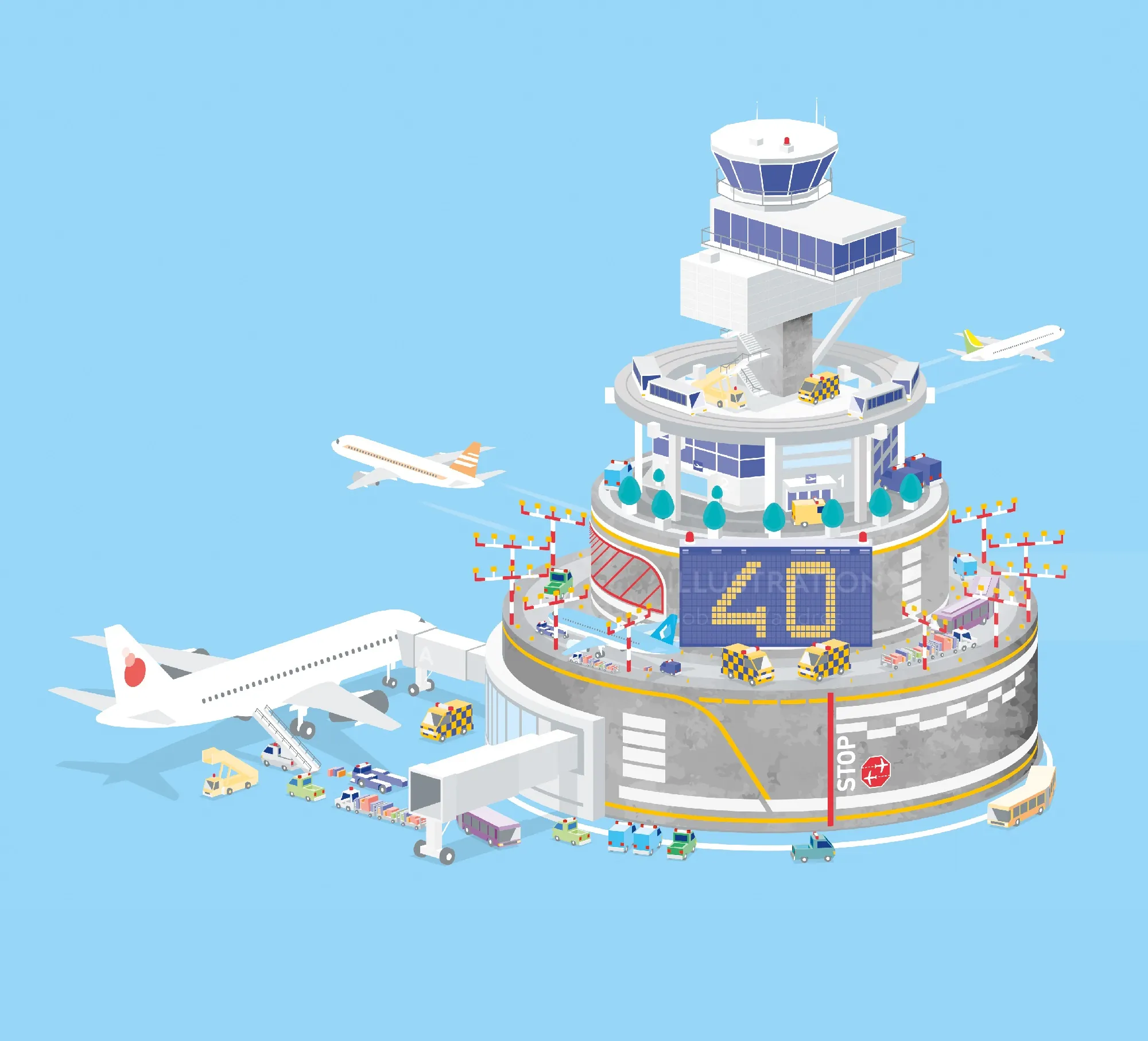Isometric airport control tower with planes and equipment by Tobias Wandres