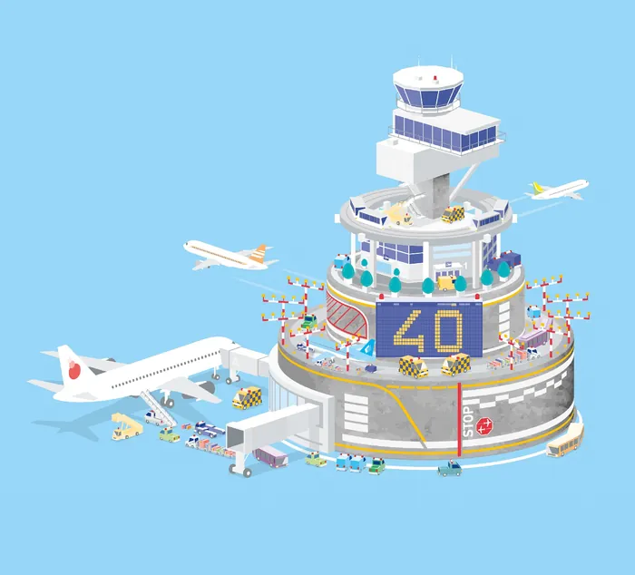 Isometric airport control tower with planes and equipment by Tobias Wandres