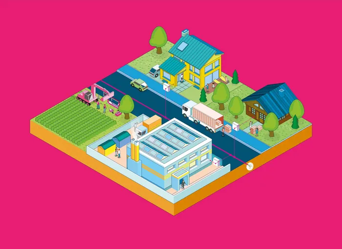 Isometric farm and factory landscape with houses and vehicles by Tobias Wandres