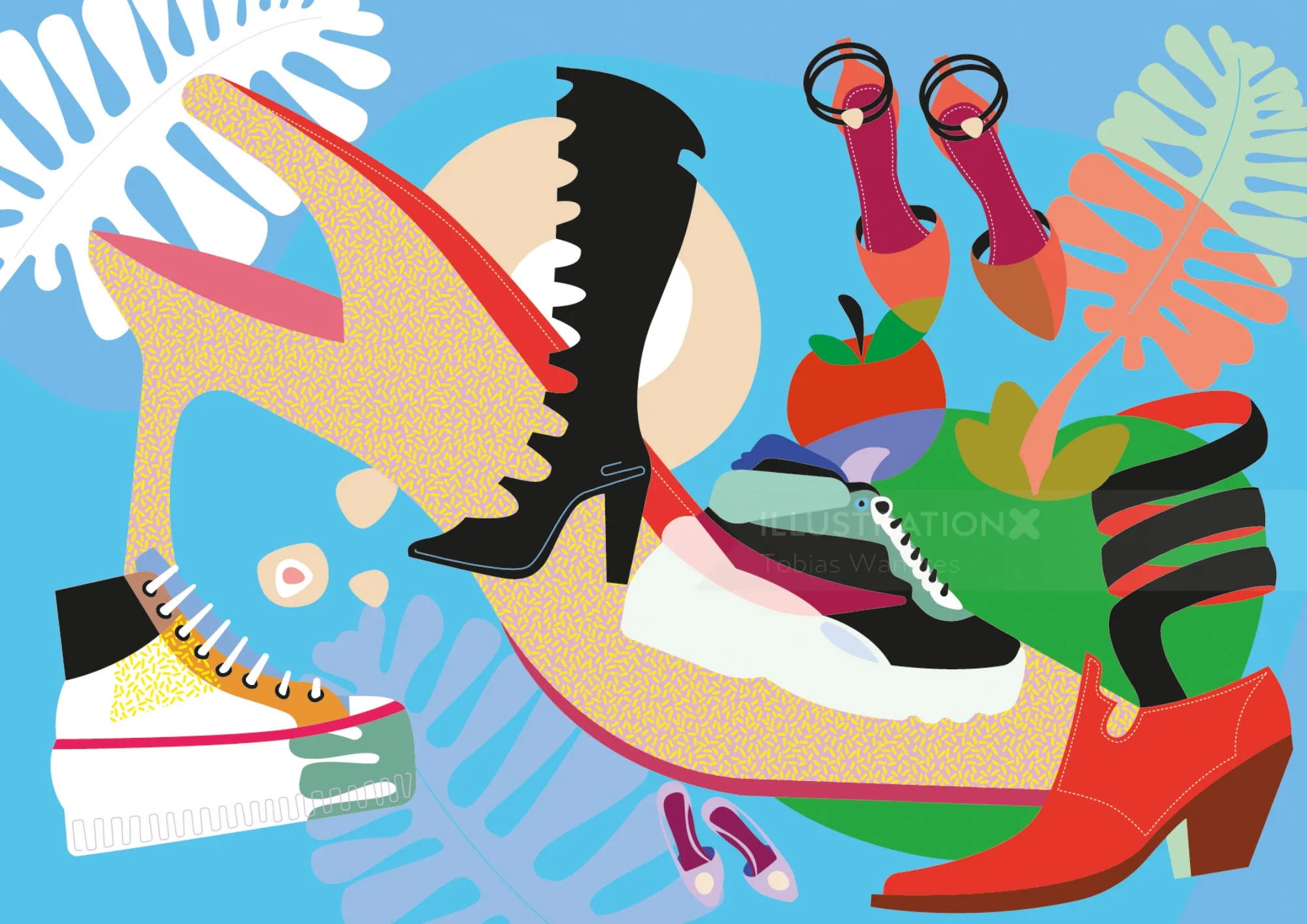 Colorful shoe collage with various styles and tropical leaves by Tobias Wandres