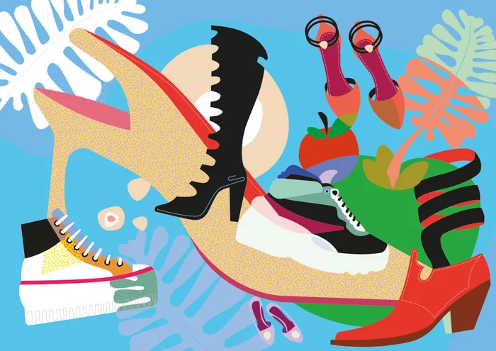 Colorful shoe collage with various styles and tropical leaves by Tobias Wandres