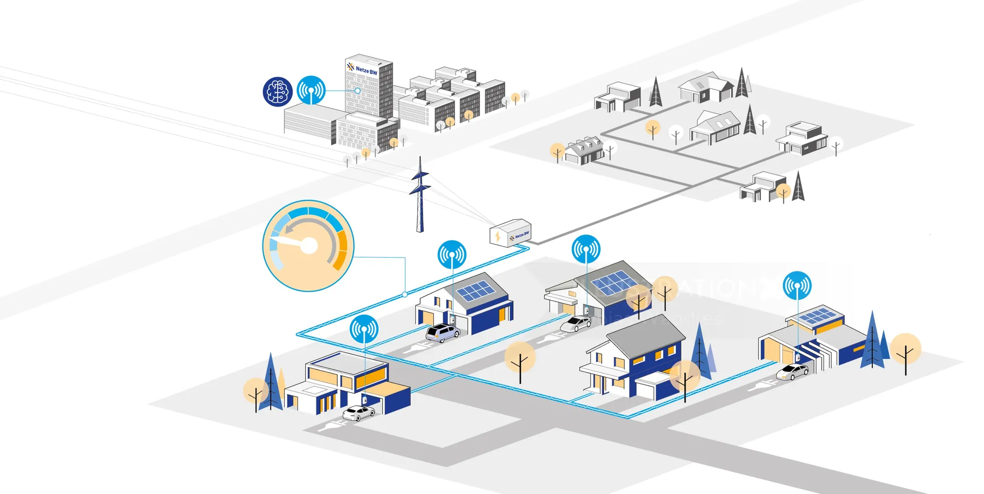 Isometric smart city illustration with buildings and digital connectivity by Tobias Wandres