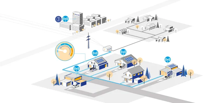 Isometric smart city illustration with buildings and digital connectivity by Tobias Wandres