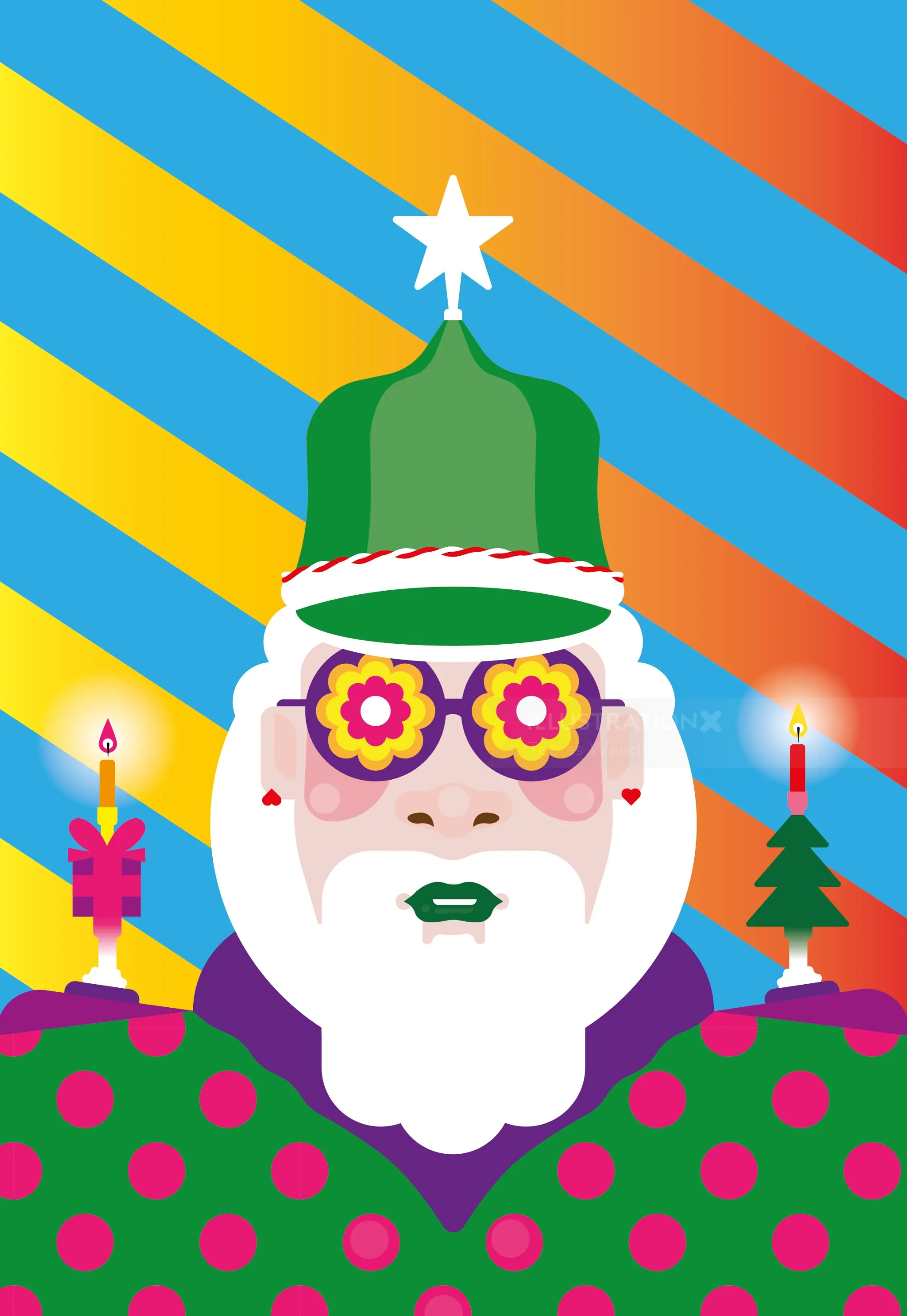 Colorful Santa Claus with floral glasses and green hat by Tobias Wandres