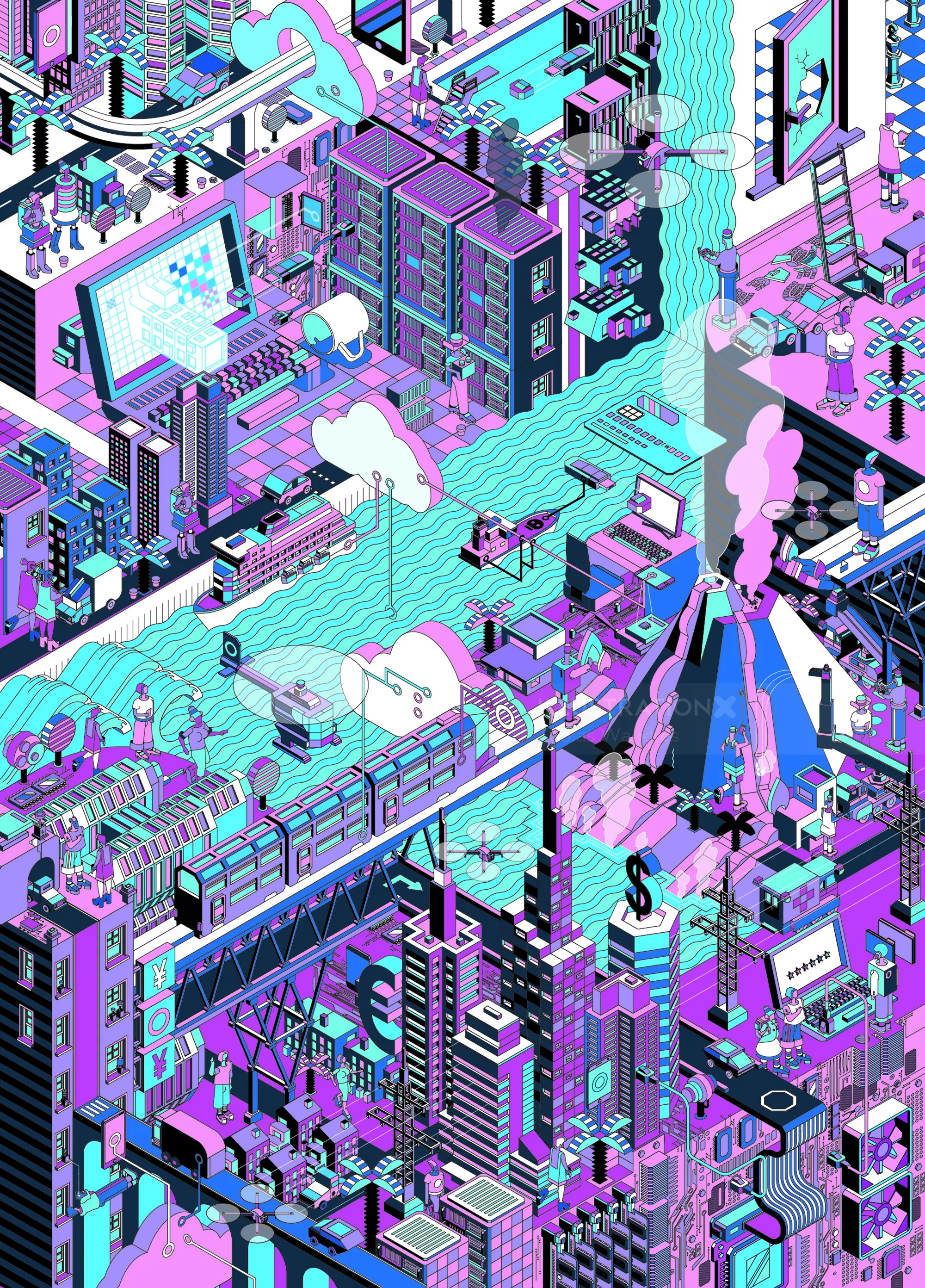 Isometric futuristic cityscape with buildings and structures by Tobias Wandres