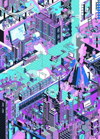 Isometric futuristic cityscape with buildings and structures by Tobias Wandres