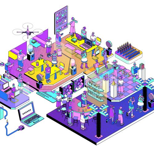 Isometric workspace illustration with digital devices and robots by Tobias Wandres