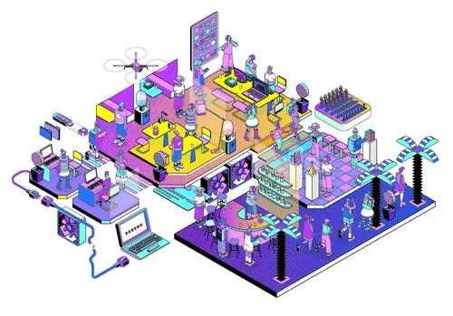 Isometric workspace illustration with digital devices and robots by Tobias Wandres