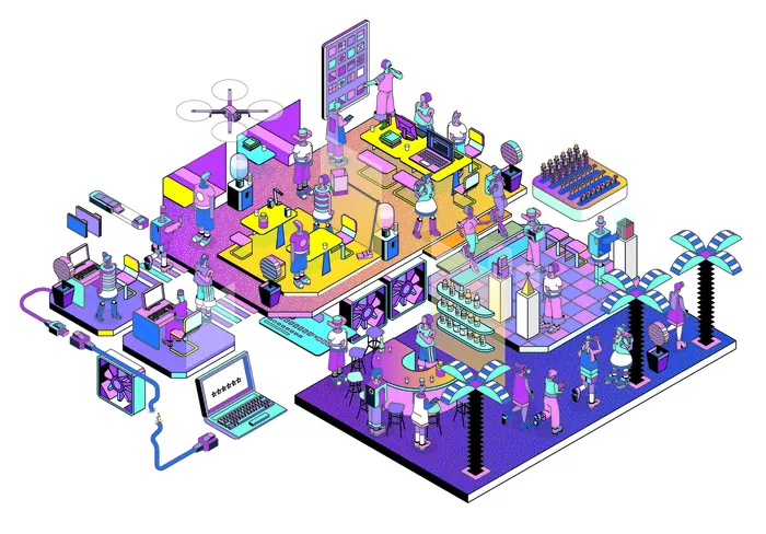 Isometric workspace illustration with digital devices and robots by Tobias Wandres