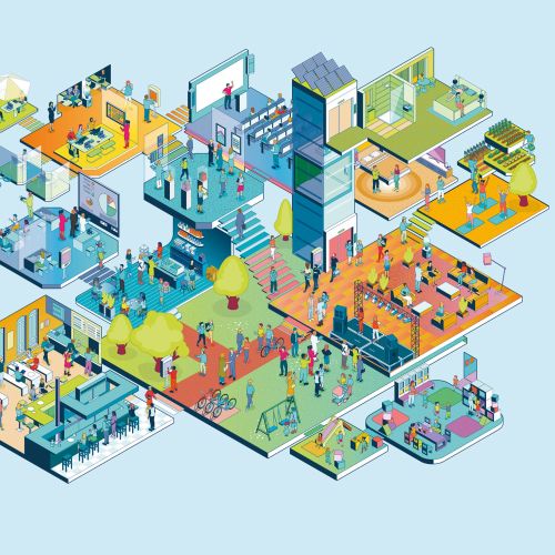 Isometric office building interior layout with people and workspaces by Tobias Wandres