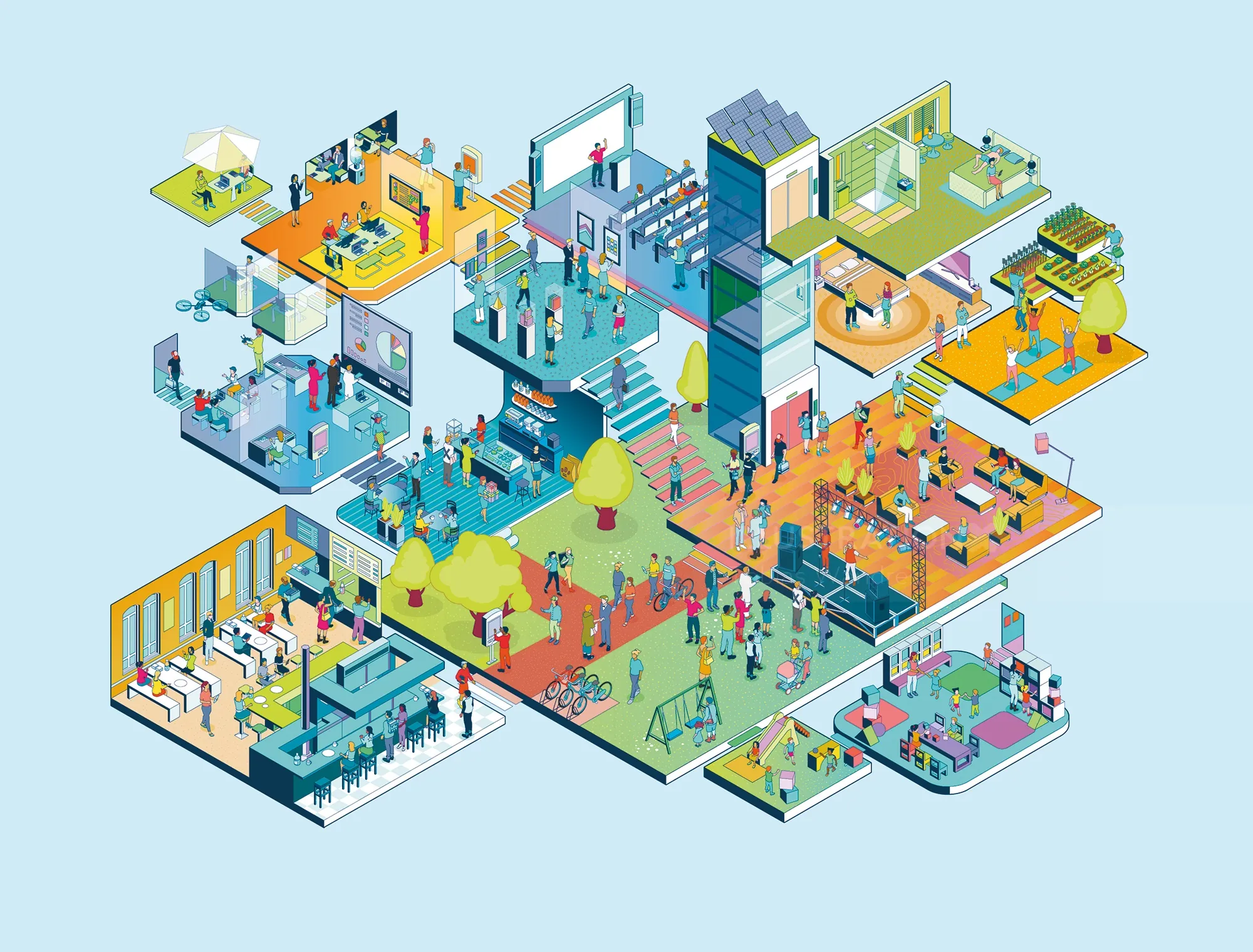 Isometric office building interior layout with people and workspaces by Tobias Wandres