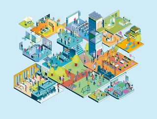 Isometric office building interior layout with people and workspaces by Tobias Wandres