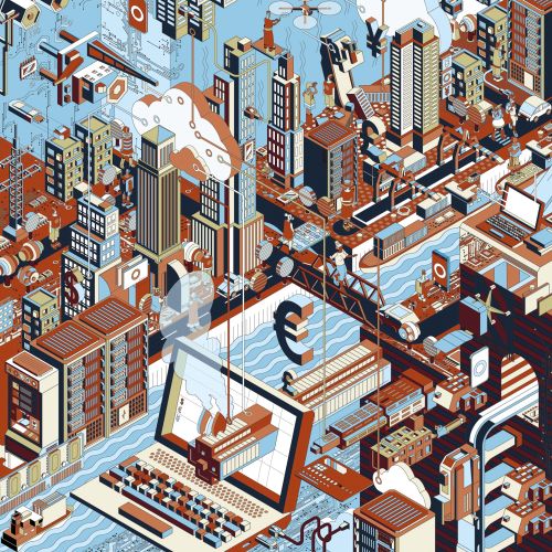 Isometric cityscape with euro symbol and buildings by Tobias Wandres