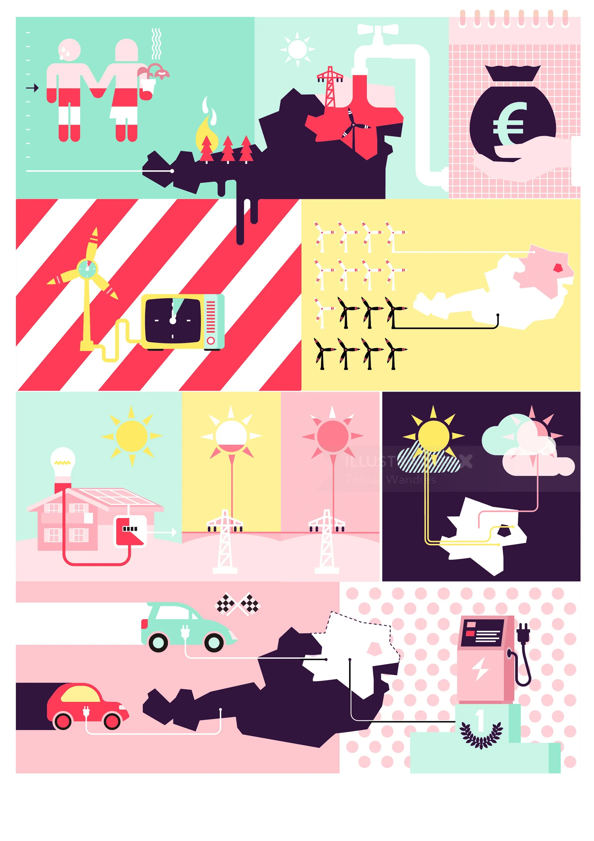 Infographic depicting renewable energy, economy, and transportation by Tobias Wandres
