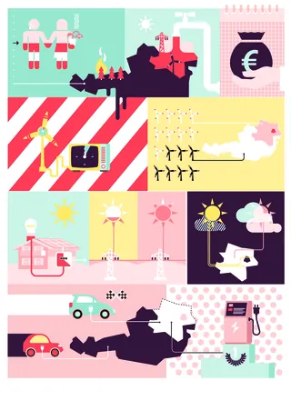 Infographic depicting renewable energy, economy, and transportation by Tobias Wandres