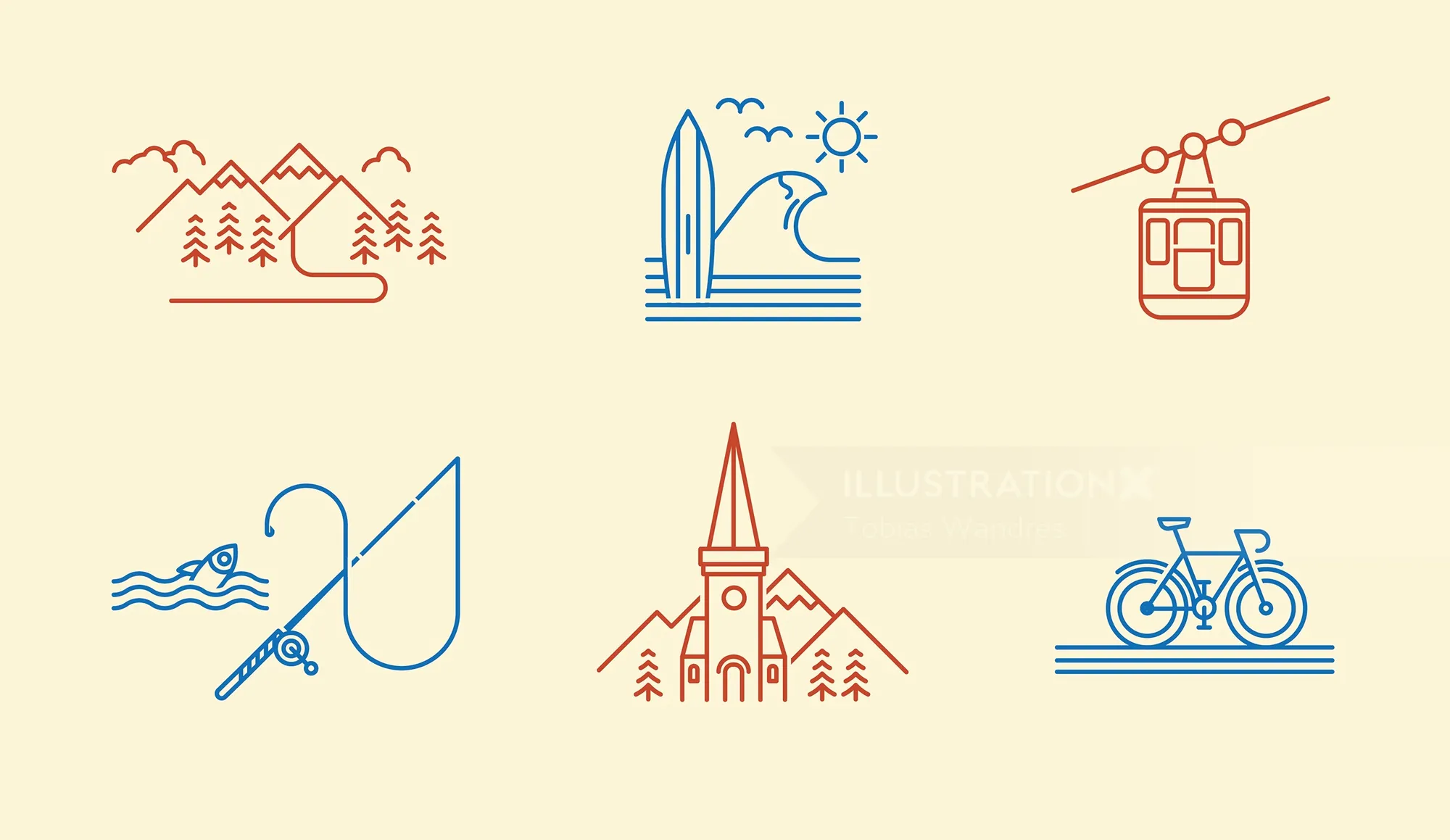 Line art icons of outdoor activities and landscapes by Tobias Wandres