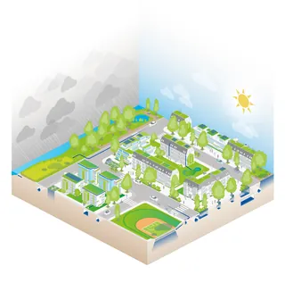 Isometric urban neighborhood under sunny and stormy weather by Tobias Wandres