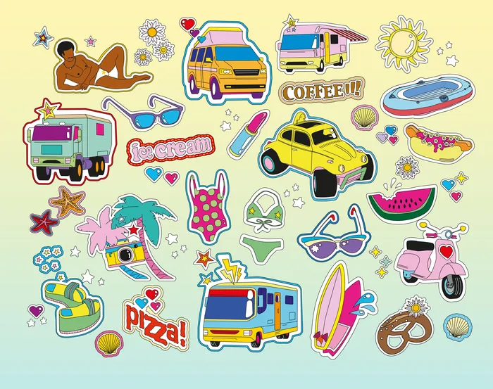 Colorful summer-themed stickers with vehicles and beach items by Tobias Wandres