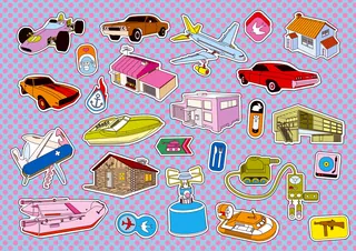 Colorful transportation and house stickers by Tobias Wandres on purple background