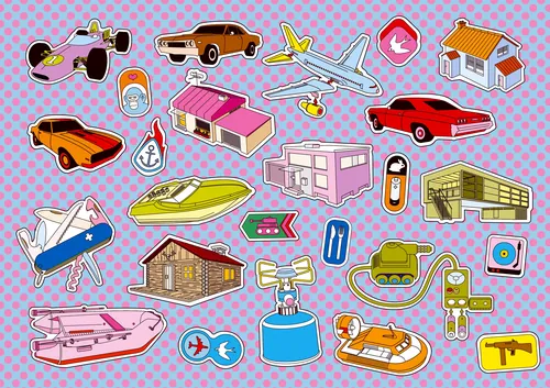 Colorful transportation and house stickers by Tobias Wandres on purple background