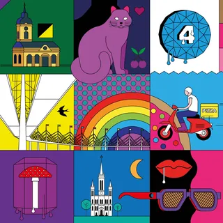 Pop art collage with purple cat, rainbow, city landmarks, and a scooter rider by Tobias Wandres