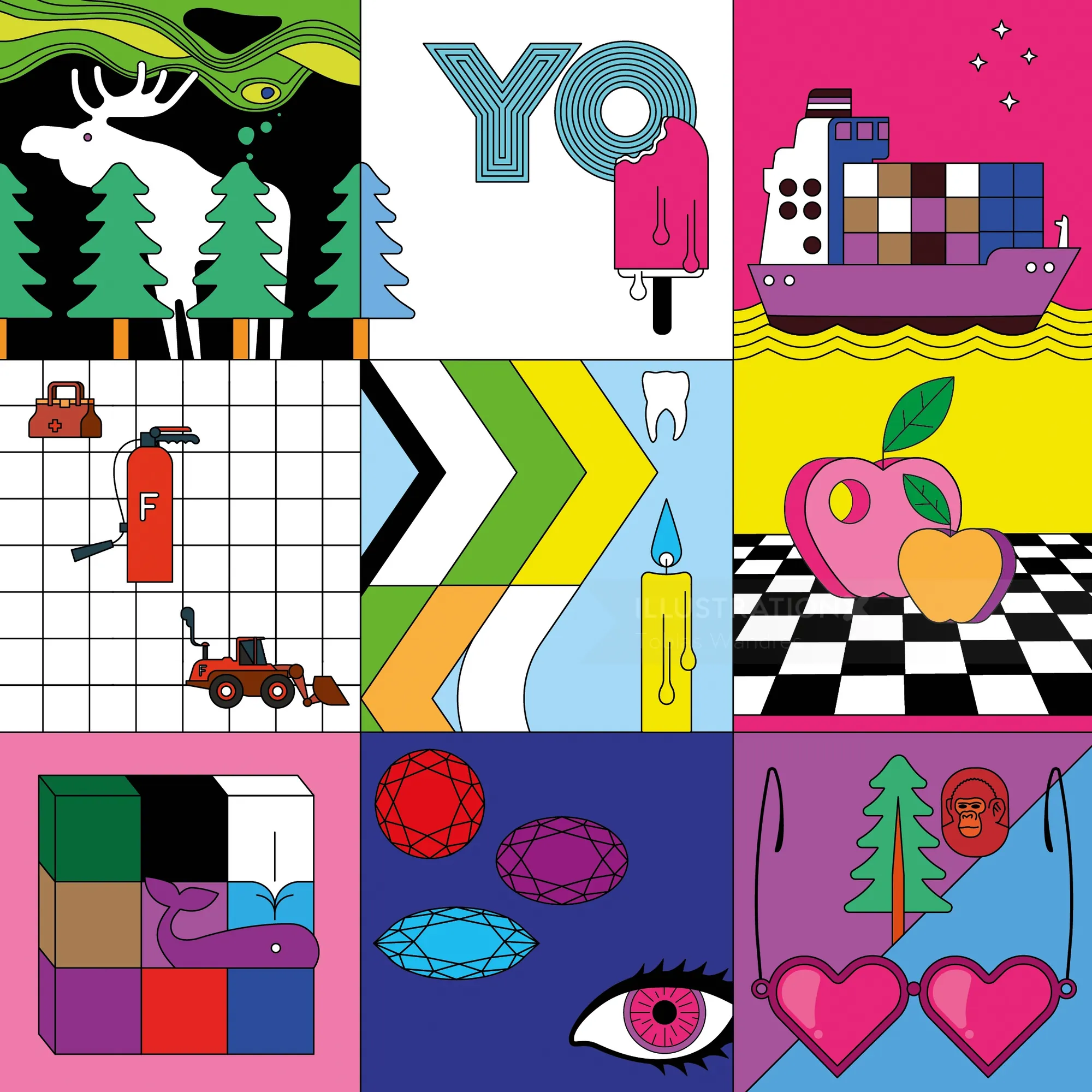 Abstract colorful pop art grid with animals and objects by Tobias Wandres