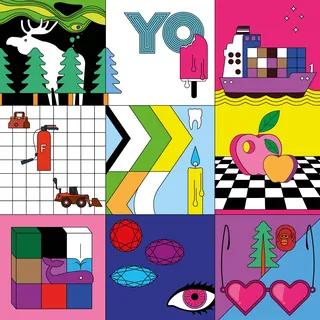 Abstract colorful pop art grid with animals and objects by Tobias Wandres