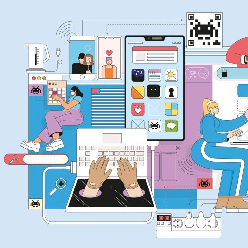 Digital workspace with people using multiple screens and gadgets, illustrated by Tobias Wandres