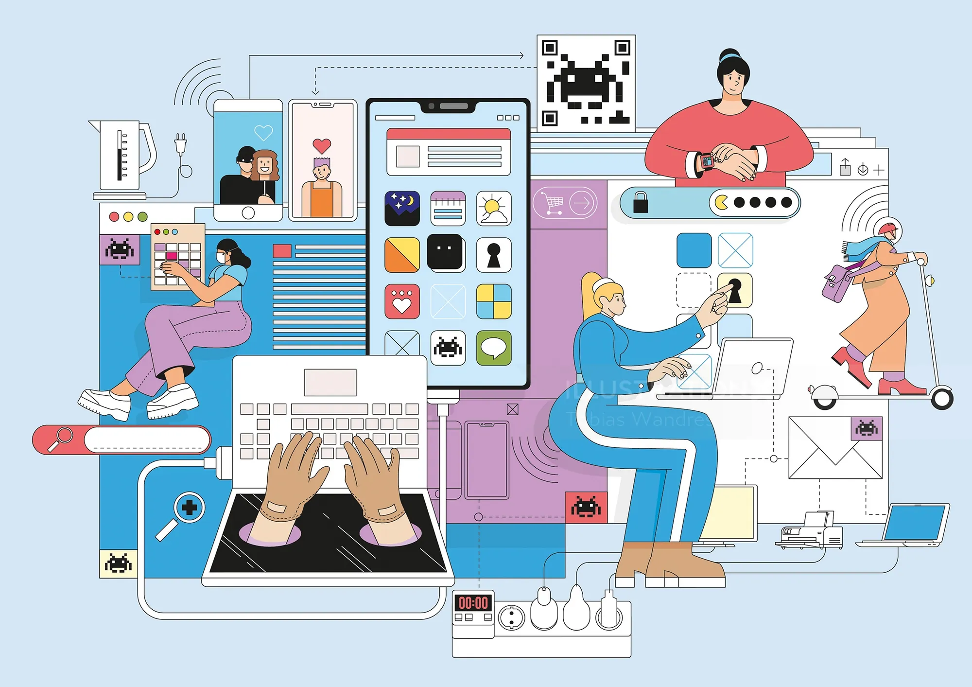 Digital workspace with people using multiple screens and gadgets, illustrated by Tobias Wandres