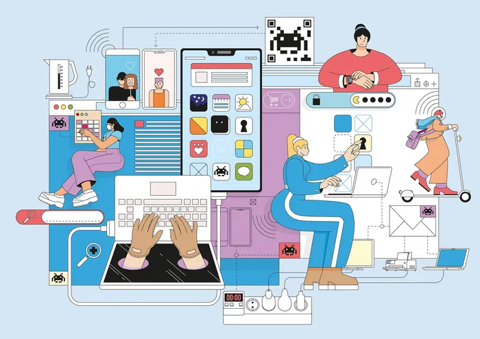 Digital workspace with people using multiple screens and gadgets, illustrated by Tobias Wandres