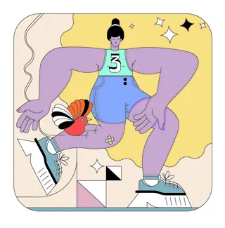 Stylized running woman with bird by Tobias Wandres