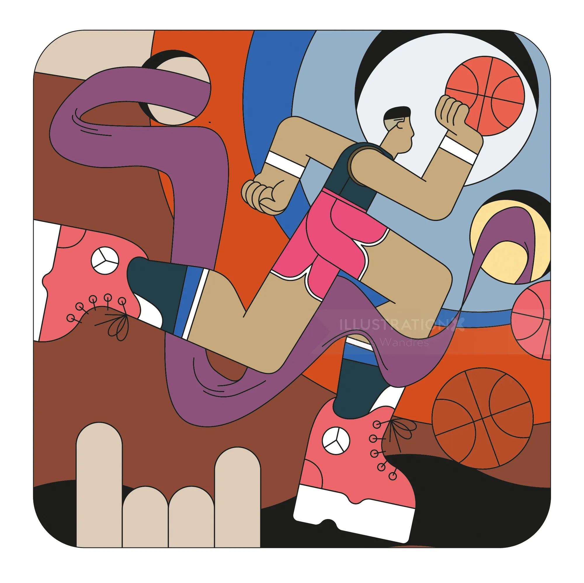 Abstract basketball player jumping with ball in colorful scene by Tobias Wandres