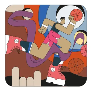 Abstract basketball player jumping with ball in colorful scene by Tobias Wandres