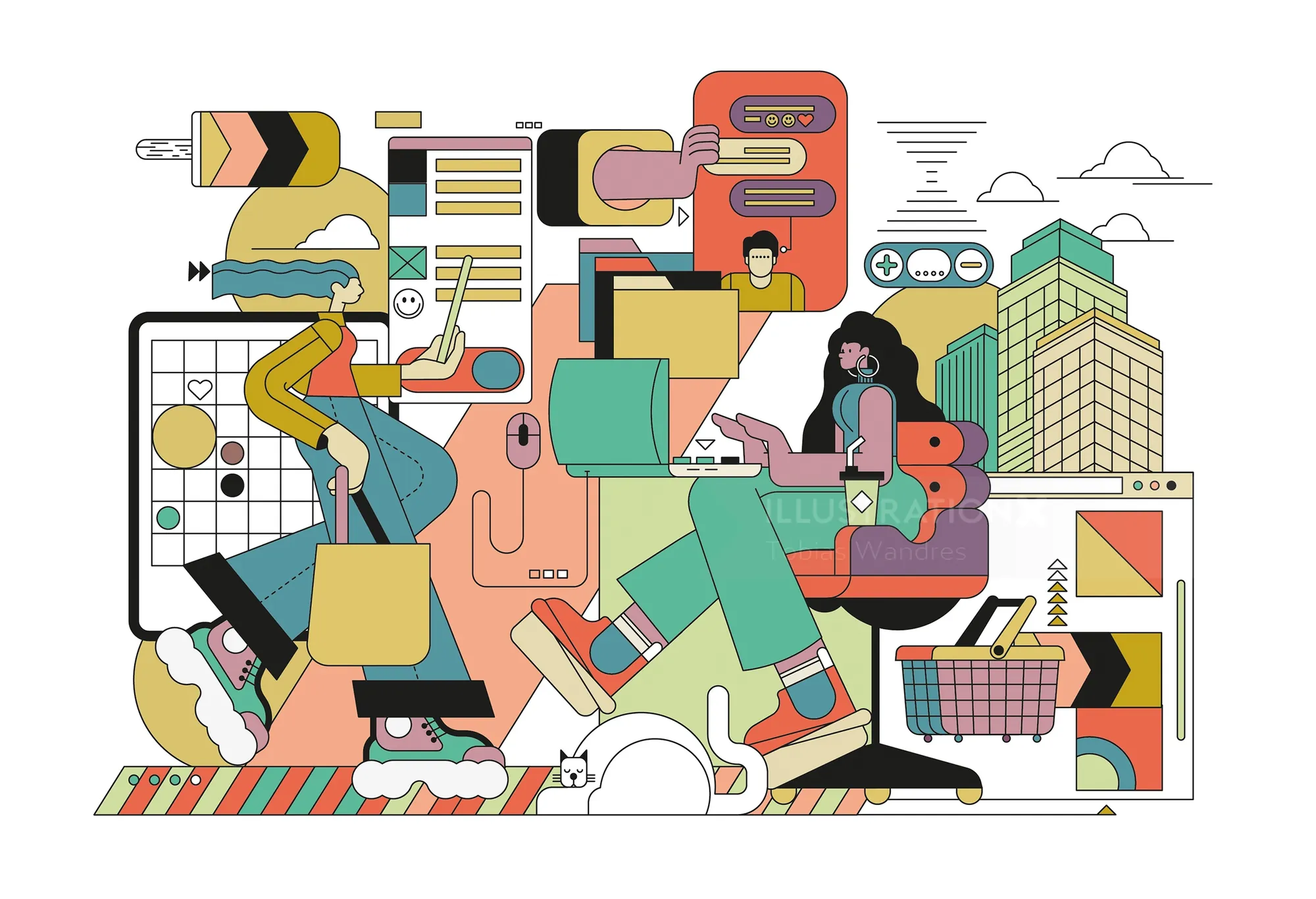 Digital artwork of two people working with creative tools by Tobias Wandres