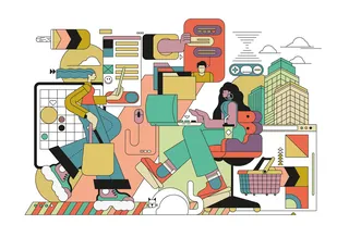 Digital artwork of two people working with creative tools by Tobias Wandres