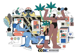 Abstract digital artwork with human figures and technology by Tobias Wandres