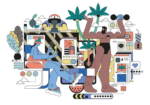 Abstract digital artwork with human figures and technology by Tobias Wandres